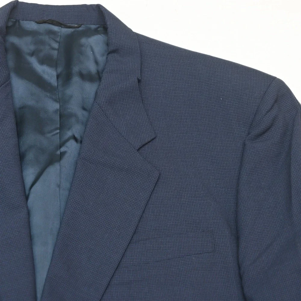 Vtg USA Tom James 44R 36x30 Blue Micro Houndstooth Wool Strong Shoulder Suit